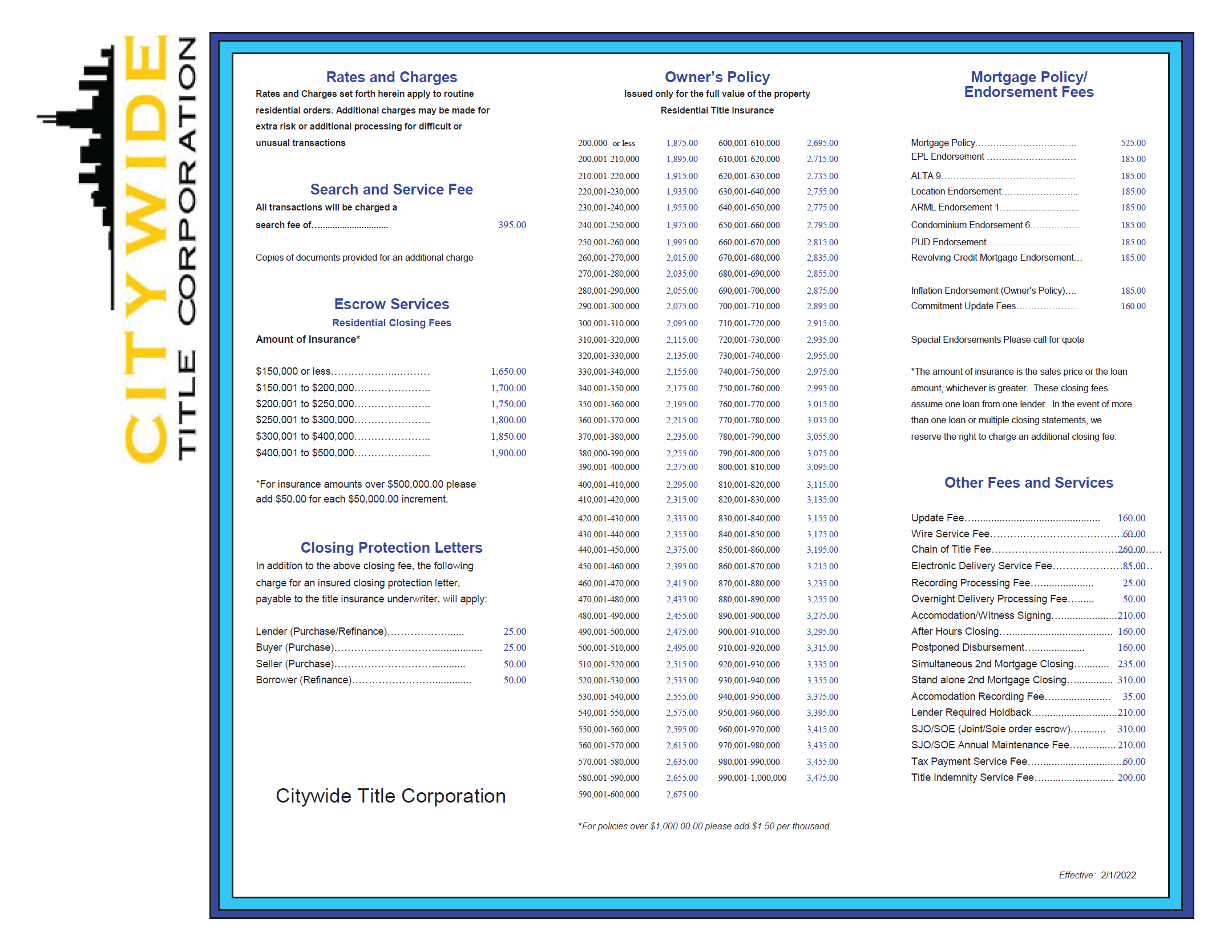 Citywide Title Rate Card